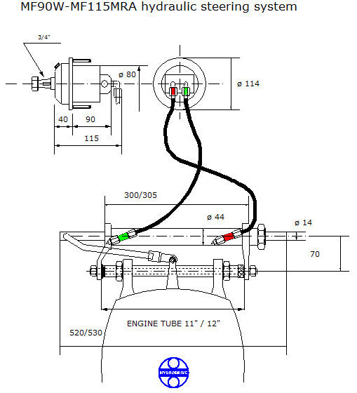 NordFlex hydraulisk styring komplett inntil 90 HK koblingskjema og målskisse