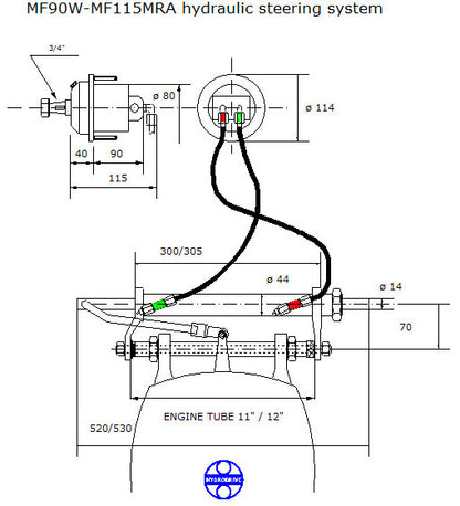 NordFlex hydraulisk styring komplett inntil 90 HK koblingskjema og målskisse